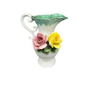 Vintage Wales Japan Ceramic Rose Pitcher Vase Pink Yellow Flowers Green Drip